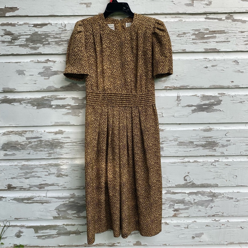 Vintage midi leopard animal print polyester puffed sleeves zipper dress P8 pleat